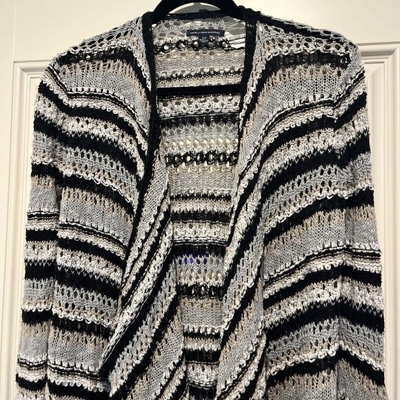 American Eagle Cardigan Sweater Women's S Crochet Open Front Black White Stripes - Picture 3 of 8